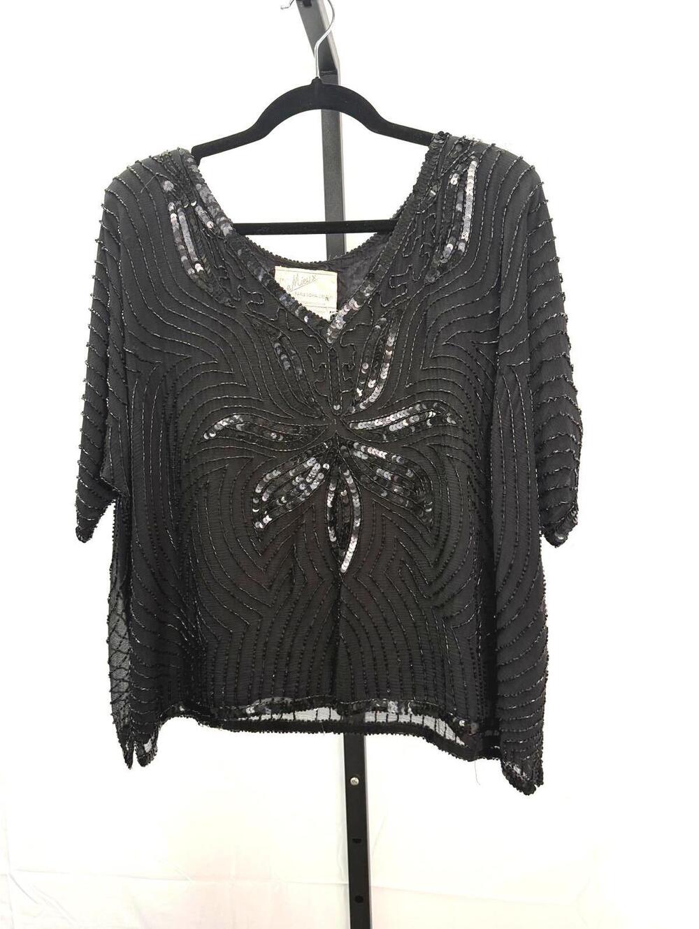 Vintage Le Mieux Black Beaded Sequin Blouse Size L